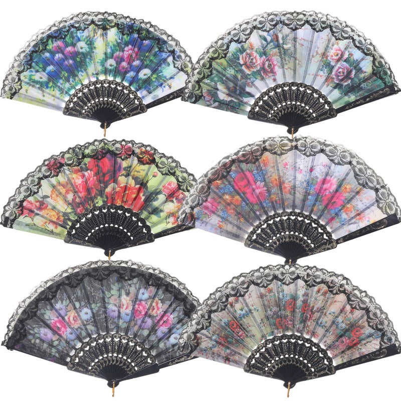 BABEYOND 6 pcs Spanish Floral Folding Hand Fan Vintage Handheld Lace Folding Fan with Different Patterns Fabric Folding Fan for Wedding Dancing Party (Color Random Selected with Spanish flower) - Image 1